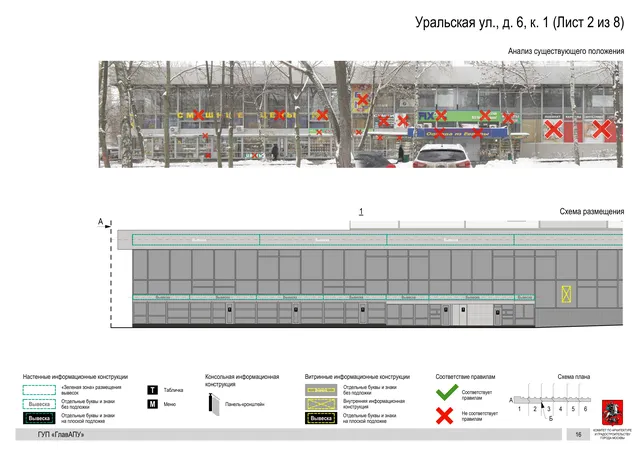 Архитектурная концепция размещения вывесок — Уральская улица, 6, корп. 1, Москва, лист 2 из 8 · Документ по адресу · Архитектурно-художественная концепция · 2016 год