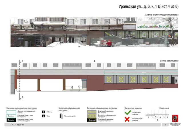 Архитектурная концепция размещения вывесок — Уральская улица, 6, корп. 1, Москва, лист 4 из 8 · Документ по адресу · Архитектурно-художественная концепция · 2016 год