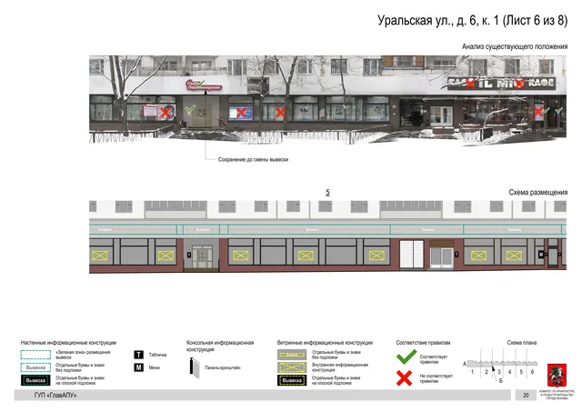 Архитектурная концепция размещения вывесок — Уральская улица, 6, корп. 1, Москва, лист 6 из 8 · Документ по адресу · Архитектурно-художественная концепция · 2016 год