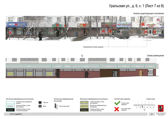 Архитектурная концепция размещения вывесок — Уральская улица, 6, корп. 1, Москва, лист 7 из 8 · Документ по адресу · Архитектурно-художественная концепция · 2016 год