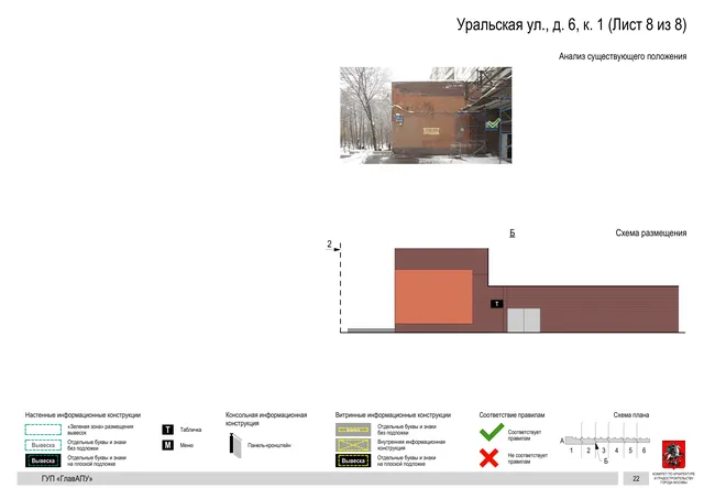 Архитектурная концепция размещения вывесок — Уральская улица, 6, корп. 1, Москва, лист 8 из 8 · Документ по адресу · Архитектурно-художественная концепция · 2016 год