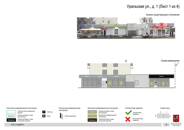 Архитектурная концепция размещения вывесок — Уральская улица, 1, Москва, лист 1 из 4 · Документ по адресу · Архитектурно-художественная концепция · 2016 год