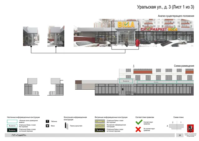 Архитектурная концепция размещения вывесок — Уральская улица, 3, Москва, лист 1 из 3 · Документ по адресу · Архитектурно-художественная концепция · 2016 год