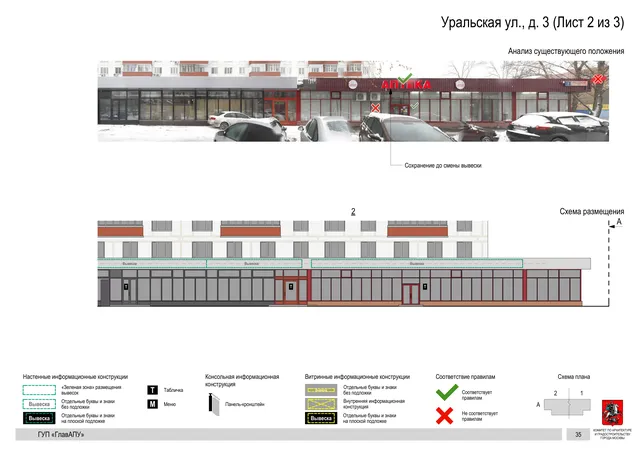 Архитектурная концепция размещения вывесок — Уральская улица, 3, Москва, лист 2 из 3 · Документ по адресу · Архитектурно-художественная концепция · 2016 год