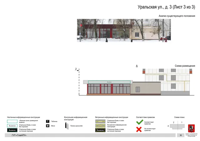 Архитектурная концепция размещения вывесок — Уральская улица, 3, Москва, лист 3 из 3 · Документ по адресу · Архитектурно-художественная концепция · 2016 год