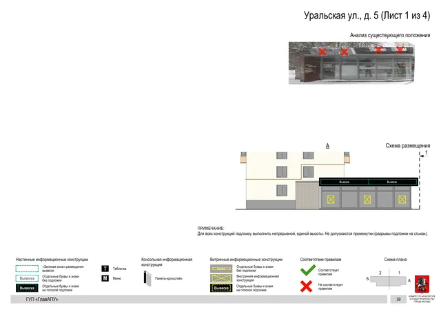 Архитектурная концепция размещения вывесок — Уральская улица, 5, Москва, лист 1 из 4 · Документ по адресу · Архитектурно-художественная концепция · 2016 год