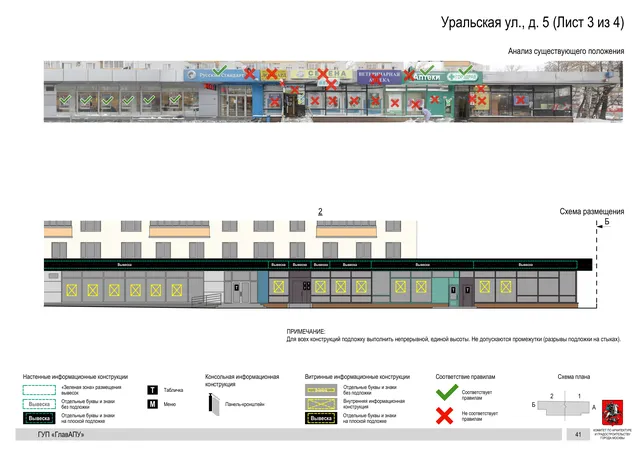 Архитектурная концепция размещения вывесок — Уральская улица, 5, Москва, лист 3 из 4 · Документ по адресу · Архитектурно-художественная концепция · 2016 год