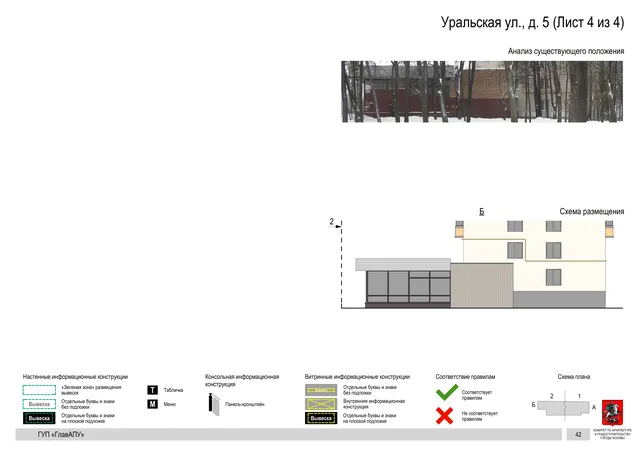 Архитектурная концепция размещения вывесок — Уральская улица, 5, Москва, лист 4 из 4 · Документ по адресу · Архитектурно-художественная концепция · 2016 год