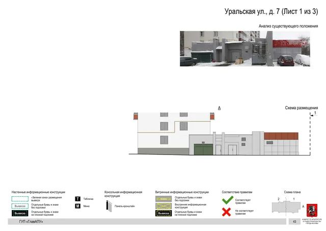 Архитектурная концепция размещения вывесок — Уральская улица, 7, Москва, лист 1 из 3 · Документ по адресу · Архитектурно-художественная концепция · 2016 год