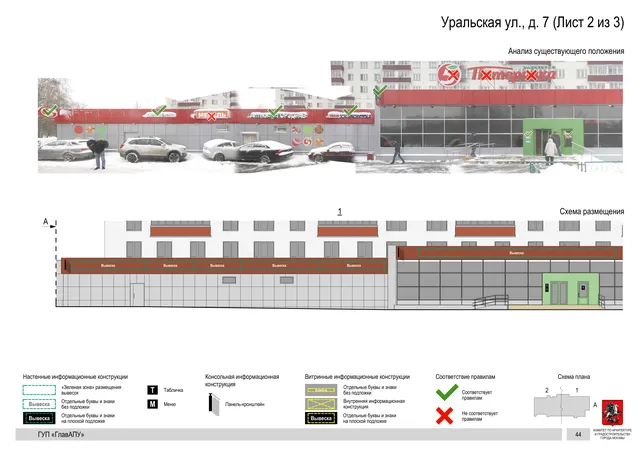 Архитектурная концепция размещения вывесок — Уральская улица, 7, Москва, лист 2 из 3 · Документ по адресу · Архитектурно-художественная концепция · 2016 год