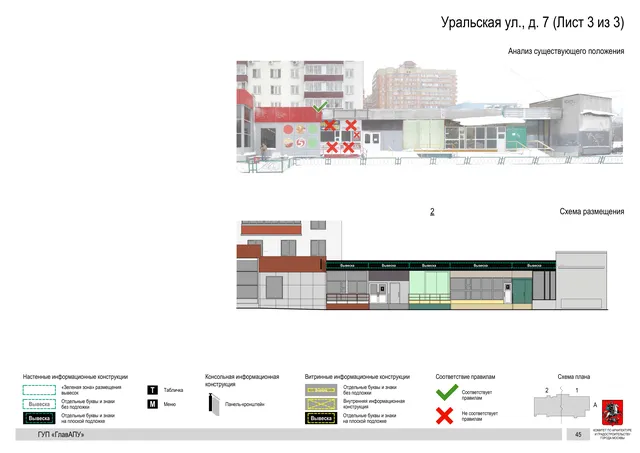 Архитектурная концепция размещения вывесок — Уральская улица, 7, Москва, лист 3 из 3 · Документ по адресу · Архитектурно-художественная концепция · 2016 год