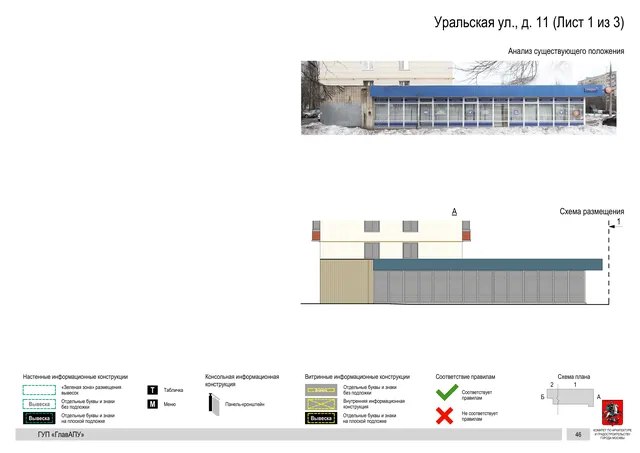 Архитектурная концепция размещения вывесок — Уральская улица, 11, Москва, лист 1 из 3 · Документ по адресу · Архитектурно-художественная концепция · 2016 год