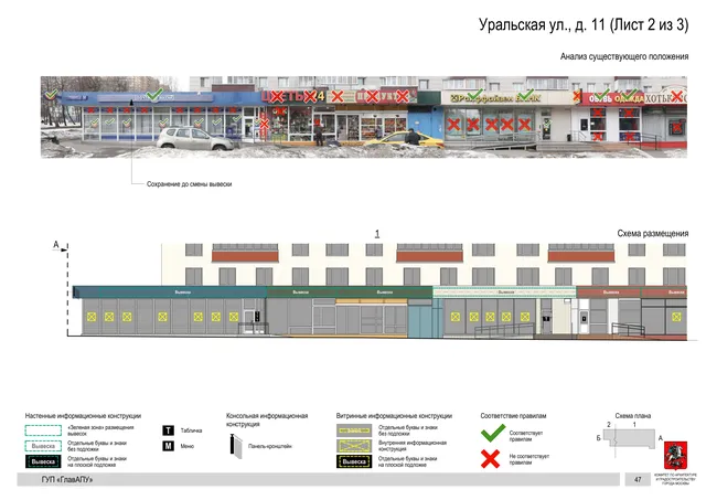 Архитектурная концепция размещения вывесок — Уральская улица, 11, Москва, лист 2 из 3 · Документ по адресу · Архитектурно-художественная концепция · 2016 год
