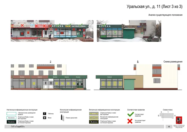 Архитектурная концепция размещения вывесок — Уральская улица, 11, Москва, лист 3 из 3 · Документ по адресу · Архитектурно-художественная концепция · 2016 год