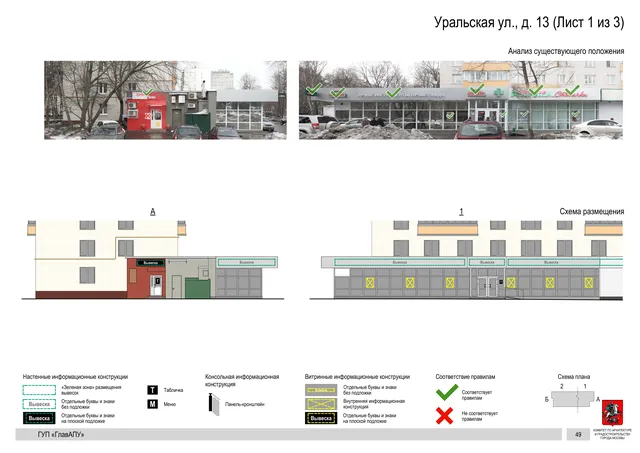 Архитектурная концепция размещения вывесок — Уральская улица, 13, Москва, лист 1 из 3 · Документ по адресу · Архитектурно-художественная концепция · 2016 год