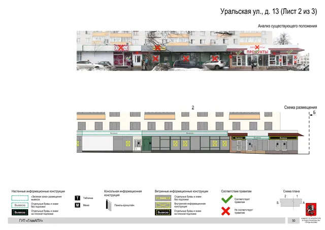 Архитектурная концепция размещения вывесок — Уральская улица, 13, Москва, лист 2 из 3 · Документ по адресу · Архитектурно-художественная концепция · 2016 год