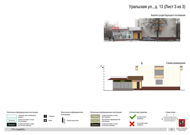 Архитектурная концепция размещения вывесок — Уральская улица, 13, Москва, лист 3 из 3 · Документ по адресу · Архитектурно-художественная концепция · 2016 год