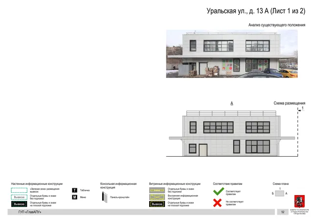 Архитектурная концепция размещения вывесок — Уральская улица, 13А, Москва, лист 1 из 2 · Документ по адресу · Архитектурно-художественная концепция · 2016 год
