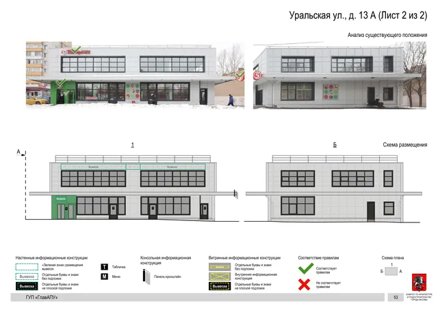 Архитектурная концепция размещения вывесок — Уральская улица, 13А, Москва, лист 2 из 2 · Документ по адресу · Архитектурно-художественная концепция · 2016 год