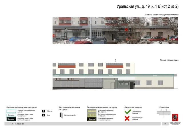 Архитектурная концепция размещения вывесок — Уральская улица, 19, корп. 1, Москва, лист 2 из 2 · Документ по адресу · Архитектурно-художественная концепция · 2016 год