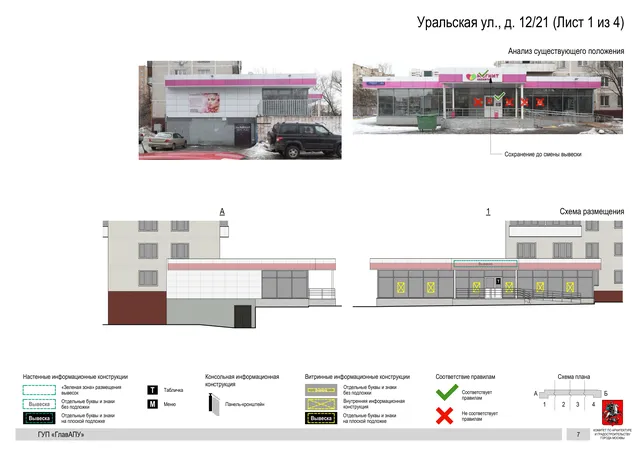 Архитектурная концепция размещения вывесок — Уральская улица, 12/21, Москва, лист 1 из 4 · Документ по адресу · Архитектурно-художественная концепция · 2016 год