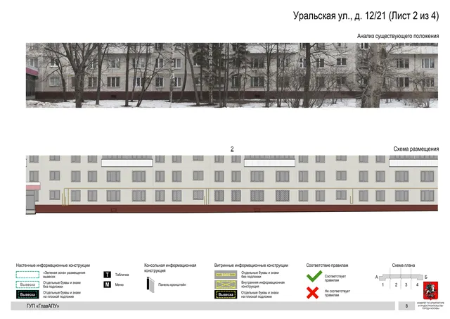 Архитектурная концепция размещения вывесок — Уральская улица, 12/21, Москва, лист 2 из 4 · Документ по адресу · Архитектурно-художественная концепция · 2016 год