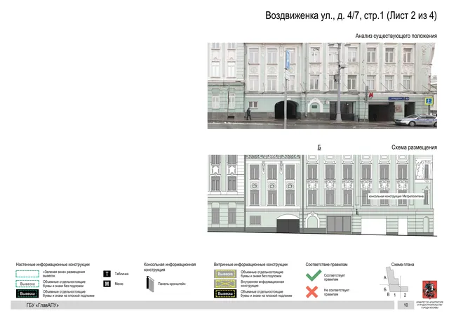 Архитектурная концепция размещения вывесок — Воздвиженка улица, 4/7, стр. 1, Москва, лист 2 из 4 · Документ по адресу · Архитектурно-художественная концепция
