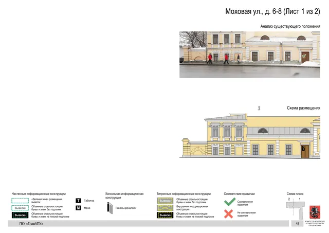 Архитектурная концепция размещения вывесок — Моховая улица, 6-8, Москва, лист 1 из 2 · Документ по адресу · Архитектурно-художественная концепция