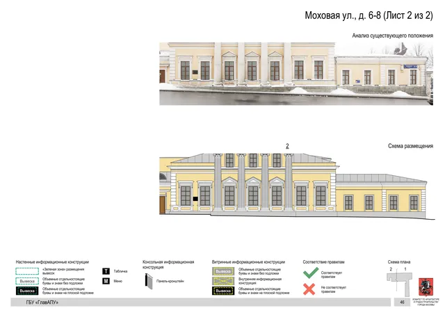 Архитектурная концепция размещения вывесок — Моховая улица, 6-8, Москва, лист 2 из 2 · Документ по адресу · Архитектурно-художественная концепция