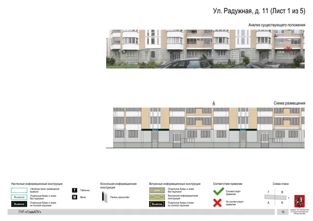 Архитектурная концепция размещения вывесок — Радужная улица, 11, Москва, лист 1 из 5 · Документ по адресу · Архитектурно-художественная концепция · 2016 год