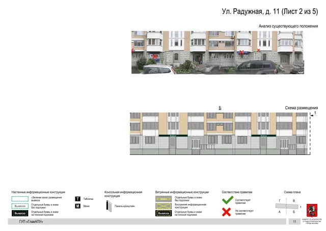 Архитектурная концепция размещения вывесок — Радужная улица, 11, Москва, лист 2 из 5 · Документ по адресу · Архитектурно-художественная концепция · 2016 год