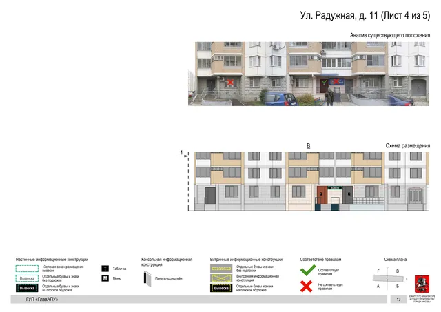 Архитектурная концепция размещения вывесок — Радужная улица, 11, Москва, лист 4 из 5 · Документ по адресу · Архитектурно-художественная концепция · 2016 год