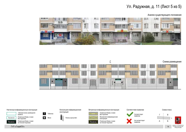 Архитектурная концепция размещения вывесок — Радужная улица, 11, Москва, лист 5 из 5 · Документ по адресу · Архитектурно-художественная концепция · 2016 год