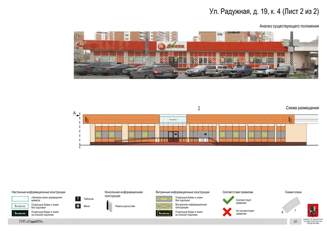 Архитектурная концепция размещения вывесок — Радужная улица, 19, корп. 4, Москва, лист 2 из 2 · Документ по адресу · Архитектурно-художественная концепция · 2016 год