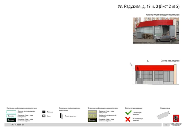 Архитектурная концепция размещения вывесок — Радужная улица, 19, корп. 3, Москва, лист 2 из 2 · Документ по адресу · Архитектурно-художественная концепция · 2016 год