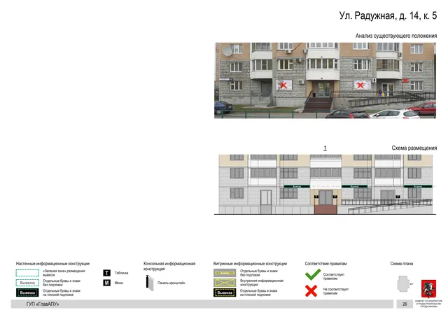 Архитектурная концепция размещения вывесок — Радужная улица, 14, корп. 5, Москва, страница PDF 26 · Документ по адресу · Архитектурно-художественная концепция · 2016 год