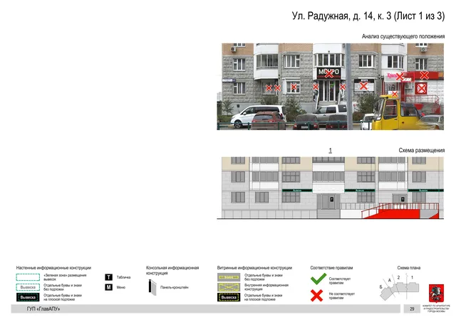 Архитектурная концепция размещения вывесок — Радужная улица, 14, корп. 3, Москва, лист 1 из 3 · Документ по адресу · Архитектурно-художественная концепция · 2016 год
