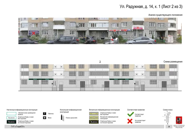 Архитектурная концепция размещения вывесок — Радужная улица, 14, корп. 1, Москва, лист 2 из 3 · Документ по адресу · Архитектурно-художественная концепция · 2016 год