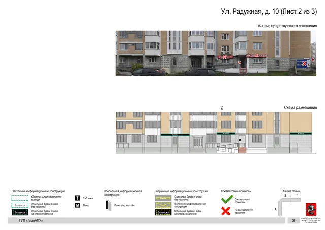 Архитектурная концепция размещения вывесок — Радужная улица, 10, Москва, лист 2 из 3 · Документ по адресу · Архитектурно-художественная концепция · 2016 год