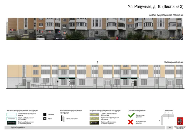 Архитектурная концепция размещения вывесок — Радужная улица, 10, Москва, лист 3 из 3 · Документ по адресу · Архитектурно-художественная концепция · 2016 год