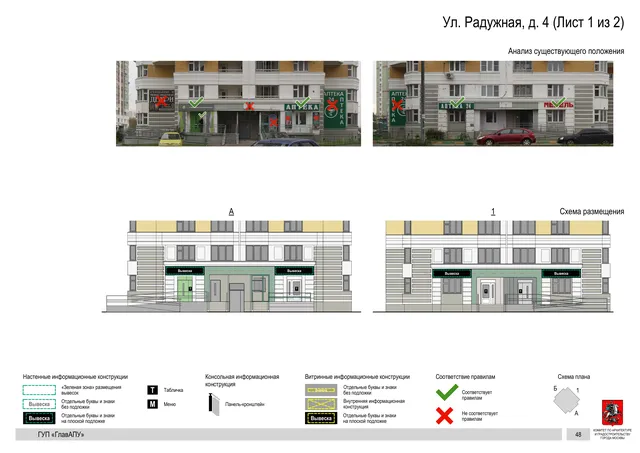 Архитектурная концепция размещения вывесок — Радужная улица, 4, Москва, лист 1 из 2 · Документ по адресу · Архитектурно-художественная концепция · 2016 год