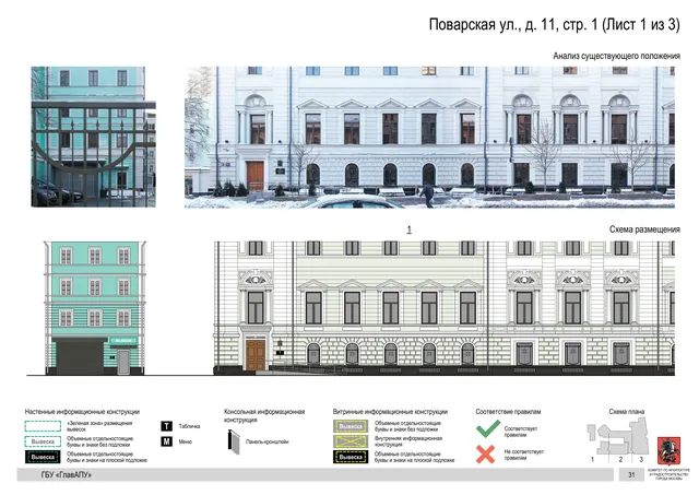 Архитектурная концепция размещения вывесок — Поварская улица, 11, стр. 1, Москва, лист 1 из 3 · Документ по адресу · Архитектурно-художественная концепция