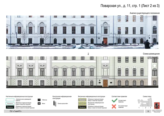 Архитектурная концепция размещения вывесок — Поварская улица, 11, стр. 1, Москва, лист 2 из 3 · Документ по адресу · Архитектурно-художественная концепция