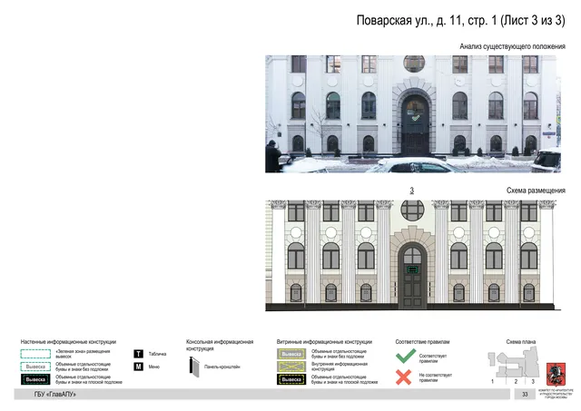 Архитектурная концепция размещения вывесок — Поварская улица, 11, стр. 1, Москва, лист 3 из 3 · Документ по адресу · Архитектурно-художественная концепция