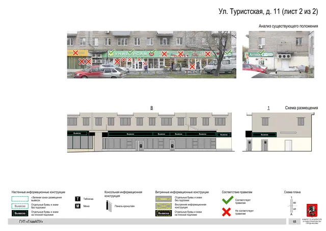 Архитектурная концепция размещения вывесок — Туристская улица, 11, Москва, лист 2 из 2 · Документ по адресу · Архитектурно-художественная концепция · 2016 год