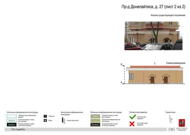 Архитектурная концепция размещения вывесок — Донелайтиса проезд, 27, Москва, лист 2 из 2 · Документ по адресу · Архитектурно-художественная концепция · 2016 год