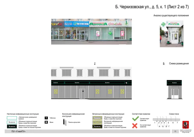 Архитектурная концепция размещения вывесок — Большая черкизовская улица, 5, корп. 1, Москва, лист 2 из 7 · Документ по адресу · Архитектурно-художественная концепция · 2020 год