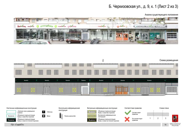 Архитектурная концепция размещения вывесок — Большая черкизовская улица, 9, корп. 1, Москва, лист 2 из 3 · Документ по адресу · Архитектурно-художественная концепция · 2020 год