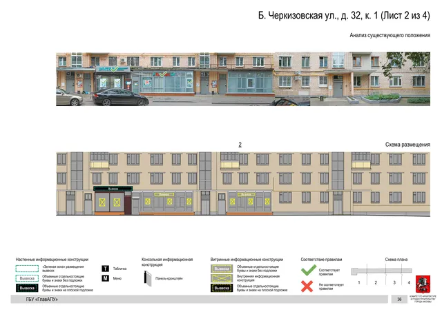 Архитектурная концепция размещения вывесок — Большая черкизовская улица, 32, корп. 1, Москва, лист 2 из 4 · Документ по адресу · Архитектурно-художественная концепция · 2020 год