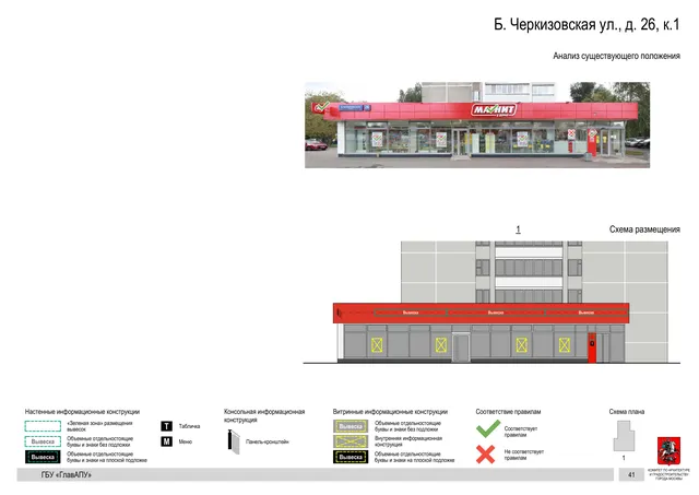 Архитектурная концепция размещения вывесок — Большая черкизовская улица, 26, корп. 1, Москва, страница PDF 44 · Документ по адресу · Архитектурно-художественная концепция · 2020 год